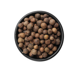 Dry allspice berries (Jamaica pepper) in bowl isolated on white, top view