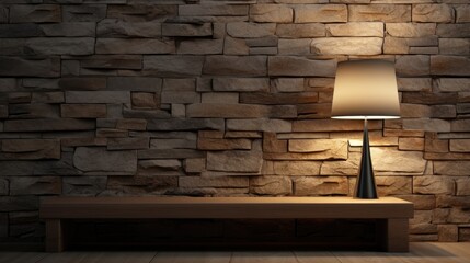 Rustic Table Lamp Illuminating Against Rough Stone Wall Interior Decor Setting