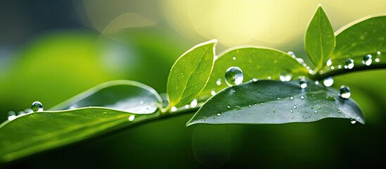 Serenity of Nature: Close-Up of Lush Green Leaf Adorned with Glistening Water Droplets