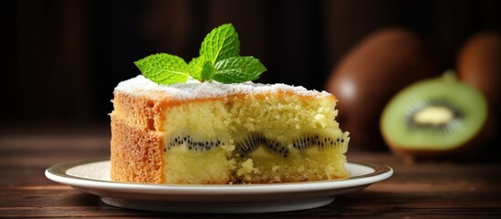Delicious Slice of Cake on Plate with Fresh Green Leaf, Tempting Dessert Indulgence