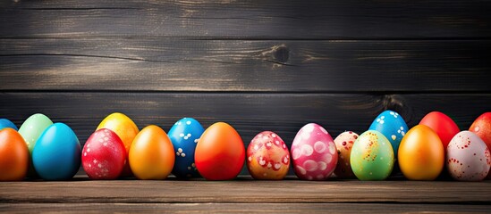 Vibrant Easter Celebration with Colorful Eggs on Rustic Wooden Background