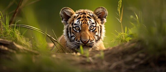 Curious Tiger Cub Hiding in Lush Green Grass of the Savannah Wilderness