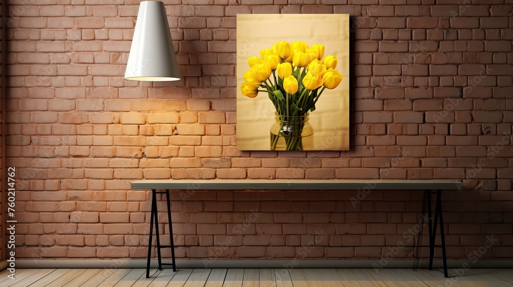 Wall mural Rustic Charm: Cozy Room with Exposed Brick Wall and Vintage Table Set-Up