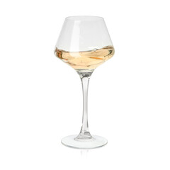 White wine splashing in glass on white background