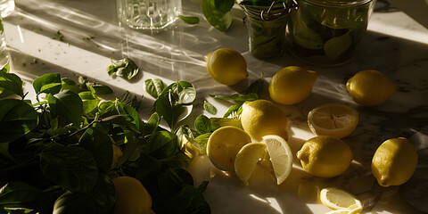 Limão refrescante com fatias de limão fresco - obrazy, fototapety, plakaty