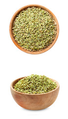 Fennel seeds in bowl isolated on white, top and side views