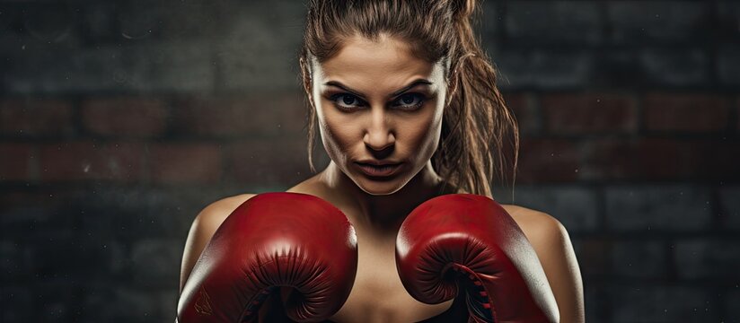 Confident young woman wearing boxing gloves training for a fight in a gritty urban gym