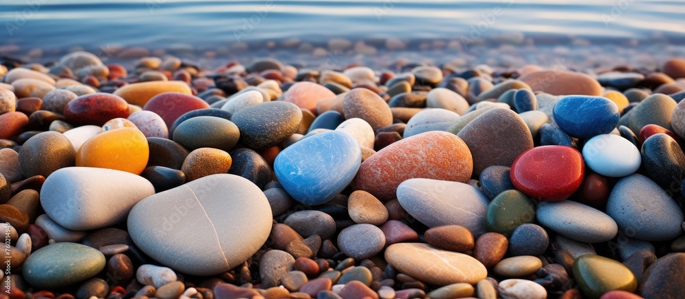 Poster Tranquil Beach Scene with Colorful Pebbles and Clear Blue Water at Sunset