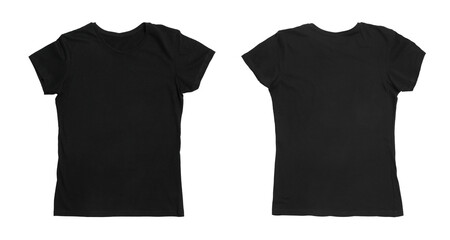 Black t-shirt with space for design isolated on white. Back and front views