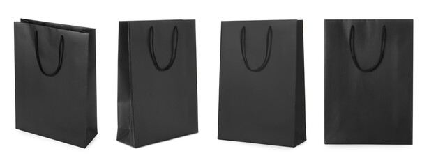 Black paper bag isolated on white, different sides