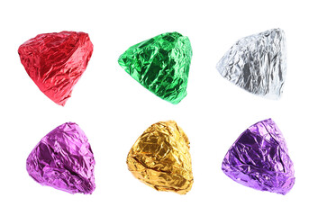 Tasty candies in bright wrappers isolated on white, set