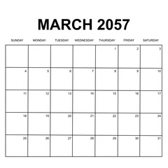 march 2057. monthly calendar design. week starts on sunday. printable, simple, and clean vector design isolated on white background.