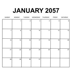 january 2057. monthly calendar design. week starts on sunday. printable, simple, and clean vector design isolated on white background.