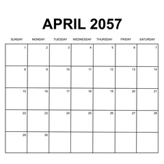 april 2057. monthly calendar design. week starts on sunday. printable, simple, and clean vector design isolated on white background.
