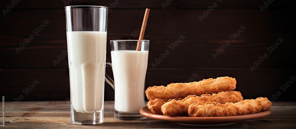 Poster Serenity in a Glass: Fresh Milk Pouring into Transparent Glass on Wooden Table