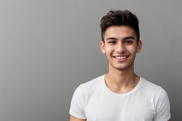 Young Brazilian man in a white shirt, smiling and looking at the camera, standing on a grey background with copy space.