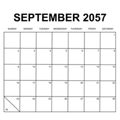 september 2057. monthly calendar design. week starts on sunday. printable, simple, and clean vector design isolated on white background.