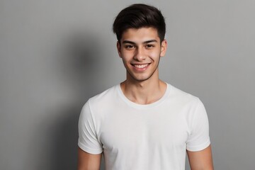 Obraz premium Young Brazilian man in a white shirt, smiling and looking at the camera, standing on a grey background with copy space.