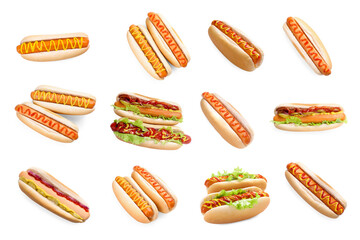 Tasty hot dogs with ketchup and mustard isolated on white, set