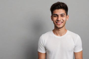Young Brazilian man in a white shirt, smiling and looking at the camera, standing on a grey background with copy space.