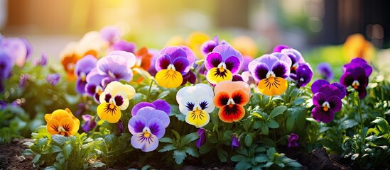 Vibrant Pansies Blossoming in the Lush Garden with Colorful Petals and Green Leaves