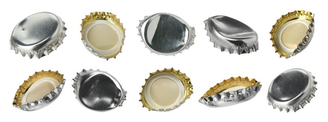 Silver beer bottle caps isolated on white, set