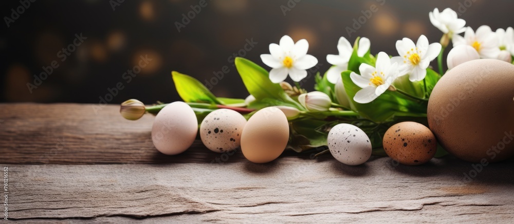 Wall mural Vibrant Easter Eggs and Spring Flowers Adorning a Rustic Wooden Table