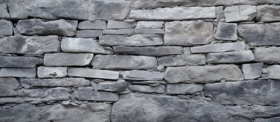 A close up of a grey stone wall made of rectangular bricks, showcasing the monochrome beauty of this sturdy building material