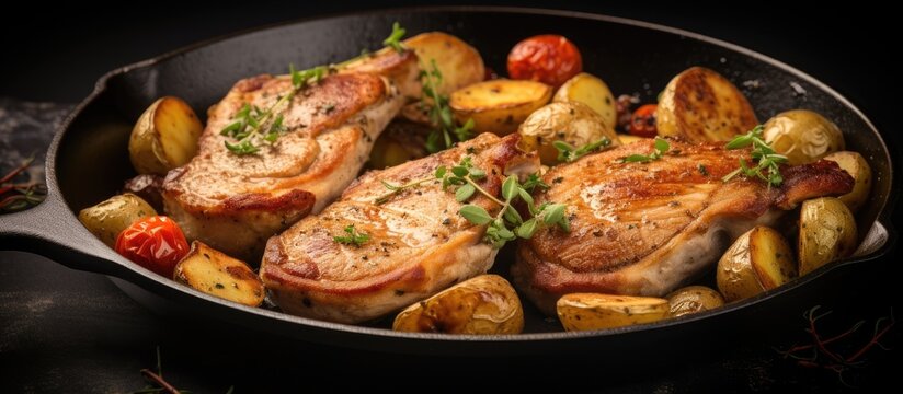 Delicious Homemade Chicken and Potato Recipe with Fresh Tomatoes in a Cooking Pan