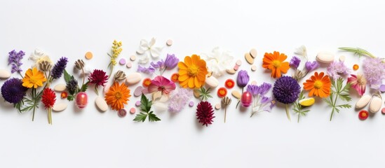 Fototapeta premium Elegant Floral Arrangement on a Clean White Wall with Vibrant Leaves and Blooms