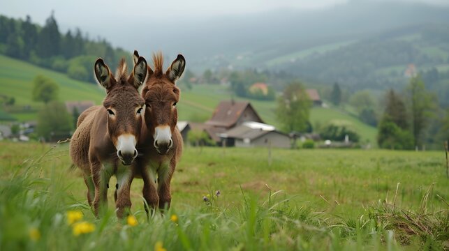 A brown donkey couple cuddeling together on a green field on a German farm