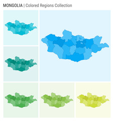 Mongolia map collection. Country shape with colored regions. Light Blue, Cyan, Teal, Green, Light Green, Lime color palettes. Border of Mongolia with provinces for your infographic.