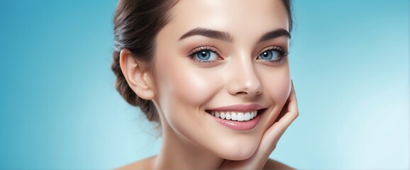 Bright Aqua Blue background Portrait of smiling beautiful woman smooth clean face glowing skin youth skin care ad concept from Generative AI
