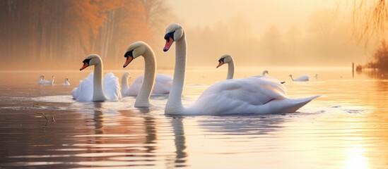 Graceful Swans Floating Gently on Serene Lake Waters in a Tranquil Scene of Natural Beauty - obrazy, fototapety, plakaty