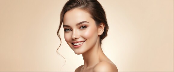 Bright Beige background Portrait of smiling beautiful woman smooth clean face glowing skin youth skin care ad concept from Generative AI