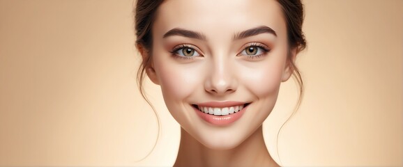 Bright Beige background Portrait of smiling beautiful woman smooth clean face glowing skin youth skin care ad concept from Generative AI