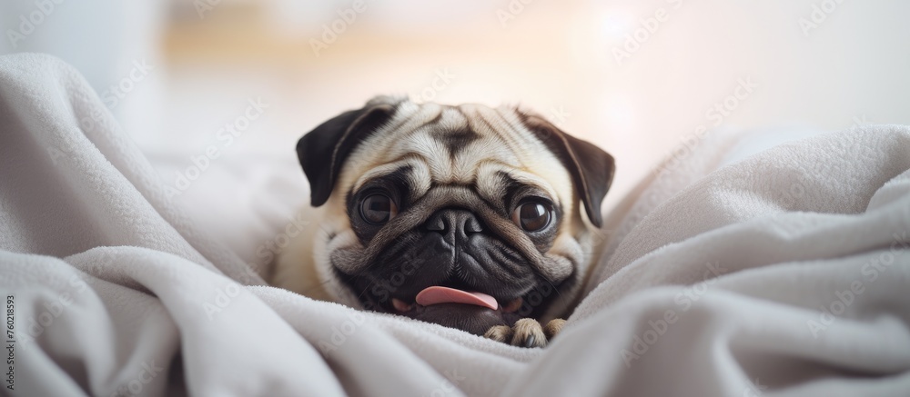 Sticker Adorable Puppy Relaxing on a Cozy Bed in a Serene Home Setting