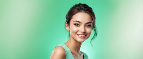 Bright green background Portrait of smiling beautiful woman smooth clean face glowing skin youth skin care ad concept from Generative AI - obrazy, fototapety, plakaty