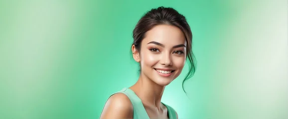 Foto op Canvas Bright green background Portrait of smiling beautiful woman smooth clean face glowing skin youth skin care ad concept from Generative AI © Arceli
