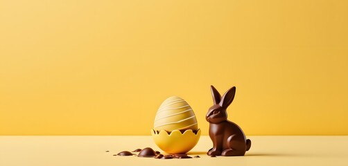 Yellow easter background with a chocolate easter bunny with copy space