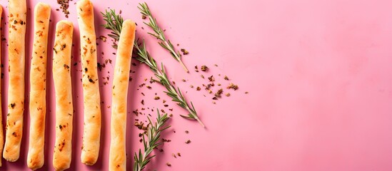 Delicious Breadsticks and Fresh Rosemary on a Vibrant Pink Background - obrazy, fototapety, plakaty