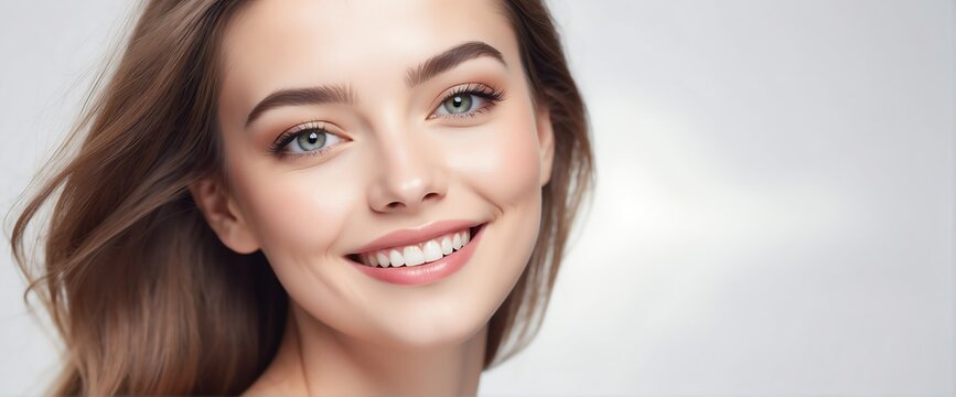 Bright White background Portrait of smiling beautiful woman smooth clean face glowing skin youth skin care ad concept from Generative AI
