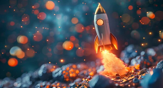 An imaginative 3D scene of a stock market rocket ship launching into a galaxy of profits