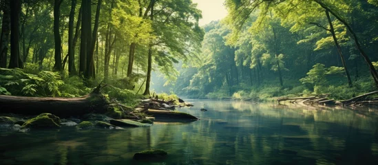 Papier Peint photo Rivière forestière Serene River Flowing Through Lush Green Forest - Peaceful Nature Landscape