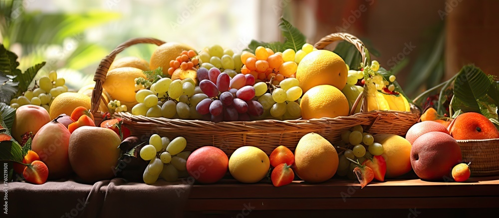 Sticker Vibrant Assortment of Fresh Fruits in Wicker Basket - Healthy Eating Concept