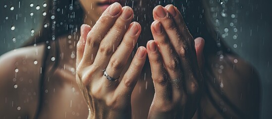 Devotion in Nature: Woman Embracing Spiritual Connection While Praying in the Pouring Rain - Powered by Adobe