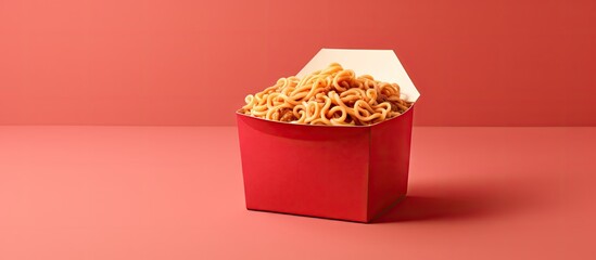 Vibrant Red Box Filled with Savory Noodles and Fresh Ingredients