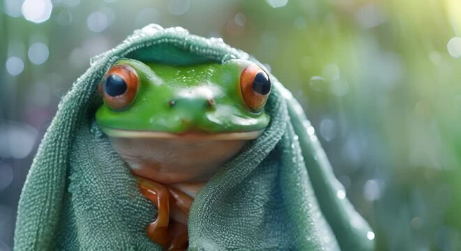 Frog launching a new line of water-absorbent towels