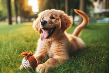 Perro jugando con pelota en parque a al atardecer - obrazy, fototapety, plakaty