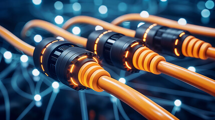 Close up of an orange and black plugs and cables equipment in a blue network system